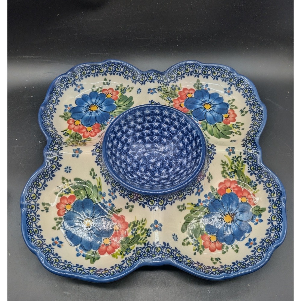 Kalich Polish Pottery Unikat Chip and Dip Server Blue Sunflower Basia H 524